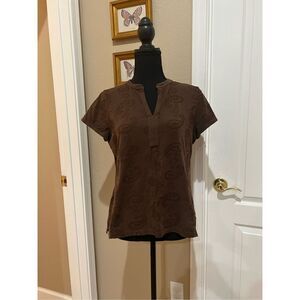 Liz Claiborne brown short sleeve top with embroidered paisley pattern